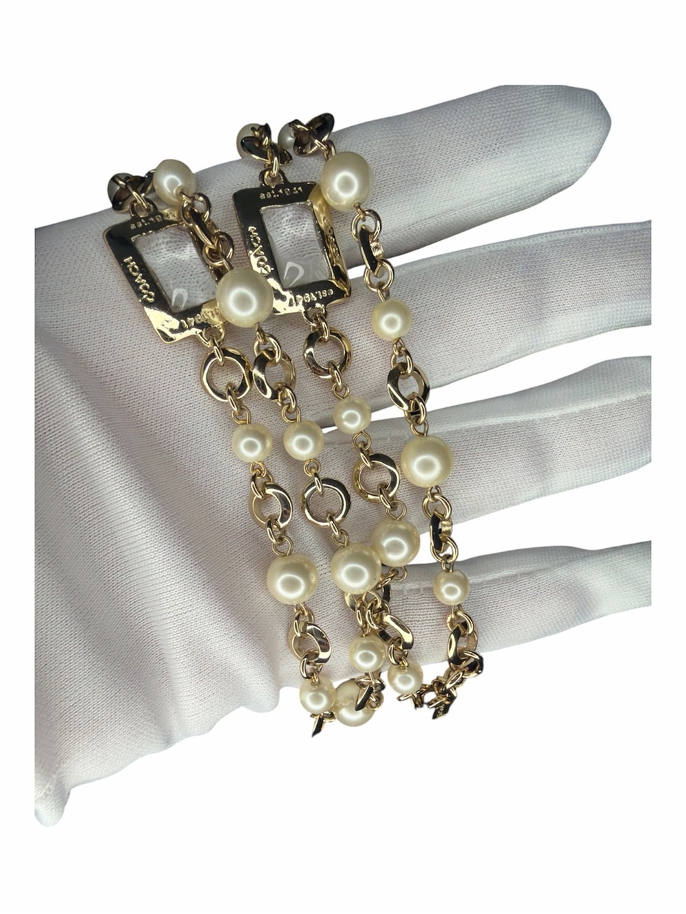 Coach Gold Tone Faux Pearl Crystal Bag Charm Purse Chain Strap Extender 37” Long